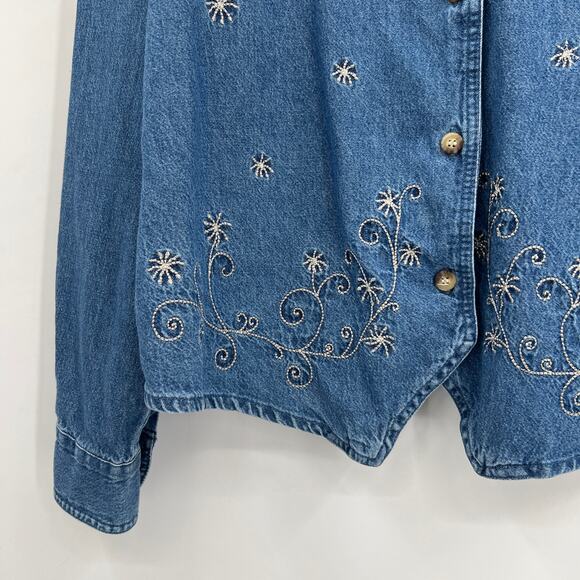 90s Vintage Bill Blass Embroidered Denim Shacket Cottagecore Button Down Medium - Picture 4 of 5